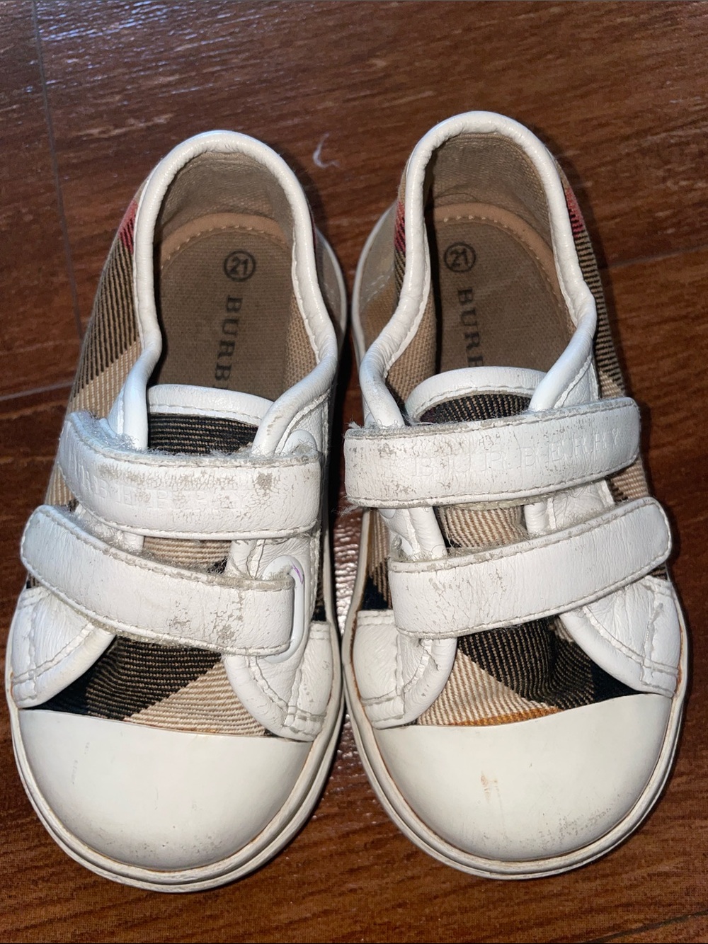 Burberry Beige & White Check Velcro Kids Sneakers